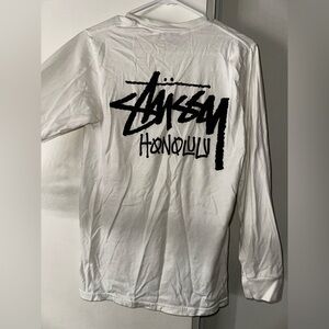 Stussy White Long Sleeve Tee with Black Graphic